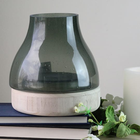 8" Storm Gray Bubble Glass Pillar Candle Holder with Wooden Base